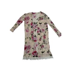 Audrey Women Pink Rose Floral Burnout Lace Trim Duster Cardigan Cream Small